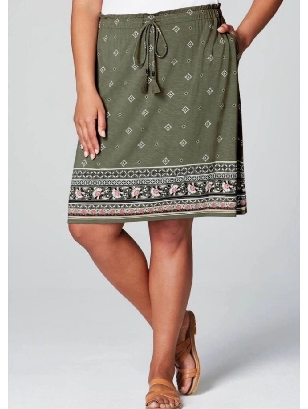 J Jill Skirt M Green Boho Print Olive Medium Pull On Tie String Tassel Paisley